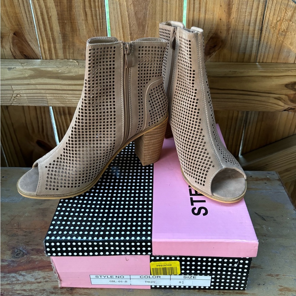 Steven Ella Taupe Open Toe Side Zipper Bootie Size 8.5 with Box